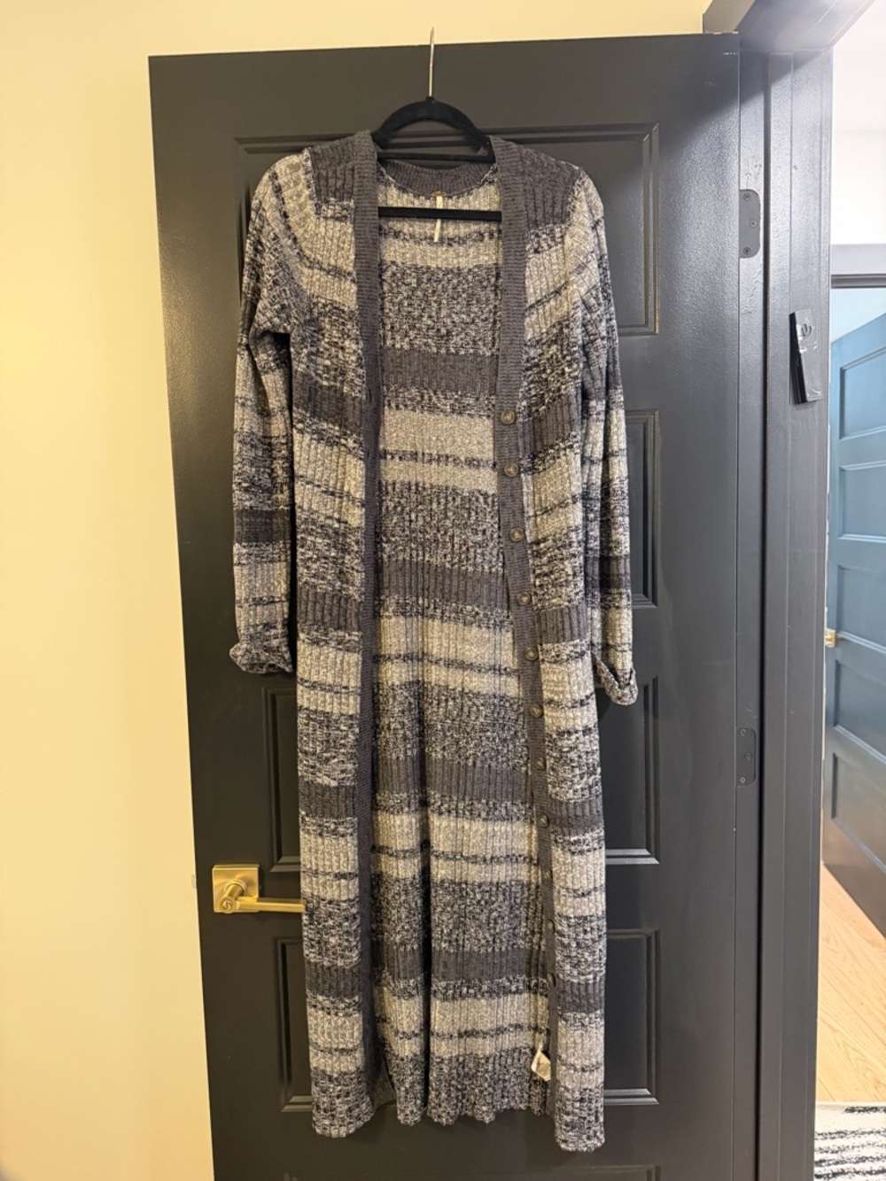 Free People Long Striped Knit Cardigan in Gray and Cream